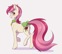 Size: 2244x1937 | Tagged: safe, artist:barlerd, roseluck, earth pony, pony, g4, blushing, bow, collar, commission, commissioner:doom9454, cute, female, long tail, mare, pet tag, pony pet, rosabetes, rosepet, simple background, smiling, solo, tail bow, white background