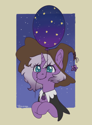 Size: 2181x2956 | Tagged: safe, artist:taytinabelle, oc, oc only, oc:witching hour, pony, unicorn, balloon, cloak, clothes, cute, ear fluff, female, happy, hat, high res, hooves to the chest, mare, mouth hold, night, sky, smiling, solo, starry night, stars, witch, witch hat, wizard hat