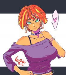 Size: 900x1030 | Tagged: safe, artist:sozglitch, sunset shimmer, equestria girls, g4, alternate hairstyle, anime, big breasts, bra, bra strap, bracelet, breasts, busty sunset shimmer, choker, clothes, ear piercing, earring, female, hand on hip, heart, hooped earrings, jewelry, looking at you, pictogram, piercing, short hair, shoulderless, solo, spiked choker, underwear