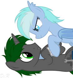 Size: 2182x2326 | Tagged: source needed, safe, artist:raymond.doc, oc, oc:diamond, oc:dr.raymond, bat pony, pony, unicorn, bandage, bat pony oc, bat wings, cute, fangs, female, female on male, high res, horn, lying, lying down, male, mare, mare on top, on back, simple background, smiling, smirk, stallion, straight, vector, wings