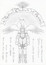 Size: 716x1024 | Tagged: safe, artist:kody wiremane, alicorn, human, alternate universe, armor, black and white, concept, crepuscular rays, cuirass, duo, emblem, essay in description, eyes closed, faceless human, gauntlet, goddess, grayscale, greaves, headcanon, heart shaped, helmet, heraldic ribbon, hoof on shoulder, hoof shoes, horn, human world, knight, light rays, lore in description, mane, monochrome, pauldron, pencil drawing, plate armor, plume, religion, religious headcanon, smiling, sword, text, text in description, the radical church of ponies, traditional art, weapon, wings