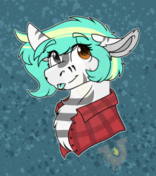 Size: 1479x1666 | Tagged: safe, artist:rokosmith26, oc, oc only, oc:rokosmith, pegasus, pony, bust, clothes, female, flannel, floppy ears, heterochromia, looking up, mare, markings, shirt, simple background, smiling, solo, tongue out, tribal markings
