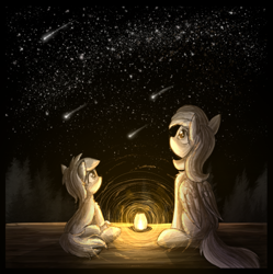 Size: 2079x2086 | Tagged: safe, artist:atlas-66, rosy posy, sunshower raindrops, earth pony, pegasus, pony, g4, duo, female, filly, high res, lamp, light, mare, shooting star, stars, watching