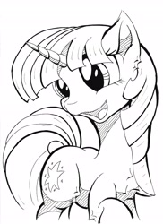 Size: 3429x4710 | Tagged: safe, artist:itchystomach, twilight sparkle, pony, unicorn, g4, absurd resolution, black and white, chest fluff, female, grayscale, happy, hatching (technique), lineart, mare, monochrome, open mouth, open smile, raised hoof, sharpie, simple background, smiling, solo, traditional art, turned head, unicorn twilight, white background