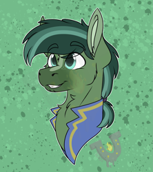 Size: 1479x1666 | Tagged: safe, artist:rokosmith26, oc, oc only, earth pony, pony, blaze (coat marking), bust, chest fluff, clothes, coat markings, facial markings, green eyes, looking up, male, ponytail, shirt, simple background, smiling, solo, stallion