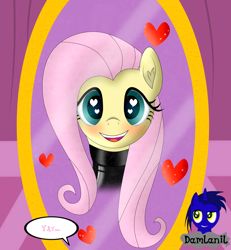 Size: 3840x4154 | Tagged: safe, alternate version, artist:damlanil, fluttershy, pegasus, pony, g4, blushing, carousel boutique, catsuit, clothes, comic, cute, female, happy, heart, heart eyes, latex, latex suit, looking at you, mare, mirror, open mouth, rubber, shine, shiny, shyabetes, simple background, smiling, spy, suit, text, vector, wingding eyes, wings, yay