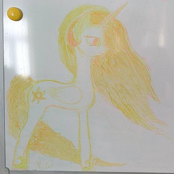 Size: 689x688 | Tagged: safe, artist:kody wiremane, princess celestia, alicorn, pony, g4, cropped, cutie mark, ethereal mane, ethereal tail, hoof shoes, horn, incorrect color scheme, irl, low quality, mane, photo, tail, traditional art, whiteboard, wings