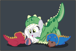 Size: 2500x1699 | Tagged: safe, artist:magerblutooth, oc, oc only, oc:fossil fluster, earth pony, guinea pig, pony, animal costume, animal onesie, ball, clothes, costume, dinosaur costume, kigurumi, onesie, pets, simple background