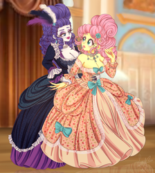 Size: 4400x4900 | Tagged: safe, artist:lucy-tan, fluttershy, rarity, human, equestria girls, g4, big breasts, breasts, busty fluttershy, busty rarity, cleavage, clothes, commission, dress, elegant, female, gown, lesbian, rococo, ship:flarity, shipping