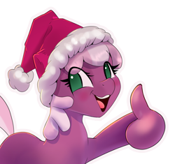 Size: 1388x1302 | Tagged: safe, artist:xbi, cheerilee, earth pony, pony, g4, christmas, hat, holiday, hoof fingers, looking at you, reaction image, santa hat, simple background, smiling, solo, sticker, suddenly hands, thumbs up, transparent background