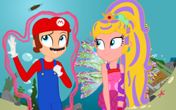Size: 2528x1588 | Tagged: safe, artist:katnekobase, artist:smcho1014, artist:user15432, fairy, fish, human, starfish, equestria girls, g4, alternate hairstyle, aura, barely eqg related, base used, boat, bubble, cap, clothes, colored wings, crossover, crown, duo, ear piercing, earring, equestria girls style, equestria girls-ified, fairy wings, fairyized, gloves, gradient wings, hat, jewelry, kelp, long hair, long sleeved shirt, long sleeves, looking at each other, magic, magic aura, male, mario, mario's hat, nintendo, ocean, overalls, piercing, ponytail, princess peach, rainbow s.r.l, regalia, rock, seashell, seaweed, shirt, sirenix, sparkly wings, super mario bros., treasure, treasure chest, undershirt, underwater, wings, winx, winx club, winxified
