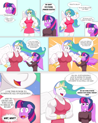 Size: 3840x4832 | Tagged: safe, artist:matchstickman, princess celestia, twilight sparkle, alicorn, anthro, g4, abs, armpits, biceps, breasts, busty princess celestia, busty twilight sparkle, clothes, comic, commission, deltoids, dialogue, ethereal mane, female, flexing, mare, multicolored background, muscles, princess musclestia, speech bubble, spread wings, starry eyes, trollestia, twilight sparkle (alicorn), wingboner, wingding eyes, wings