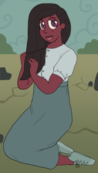 Size: 682x1200 | Tagged: safe, artist:greenarsonist, marble pie, human, g4, clothes, dark skin, humanized, kneeling, long hair, natural eye color, natural hair color, rock farm, shy, skirt, smiling, solo, straight hair