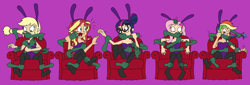 Size: 2538x864 | Tagged: safe, artist:bugssonicx, applejack, fluttershy, rainbow dash, sci-twi, sunset shimmer, twilight sparkle, human, equestria girls, g4, armchair, biting, bunny ears, bunny suit, chair, clothes, costume, female, gagging, ghostbusters, human coloration, leotard, pantyhose, rainbond dash, restrained, stocking feet