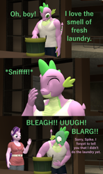 Size: 1920x3240 | Tagged: safe, artist:papadragon69, spike, starlight glimmer, dragon, unicorn, anthro, g4, 3d, duo, female, funny, gagging, gigachad spike, green face, humor, laundry, male, older, older spike, oops, sniffing, sock, source filmmaker