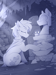 Size: 1700x2277 | Tagged: safe, artist:yakovlev-vad, oc, oc only, pony, candle, crying, eyes closed, grayscale, monochrome, sitting, slender, statue, sword, thin, tree, weapon