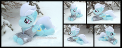 Size: 4485x1754 | Tagged: safe, artist:peruserofpieces, fleetfoot, pegasus, pony, g4, beanie (plushie), clothes, female, irl, jacket, lying down, mare, photo, plushie, prone, smiling, snow, solo, sploot, tree, warmup suit, wings