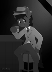 Size: 2037x2784 | Tagged: safe, pony, anthro, black and white, clean, dark, dark skin, design, draw, drink, elegant, flat, grayscale, hat, high res, illustration, monochrome, noir, overcoat, pub, vector, without lineart