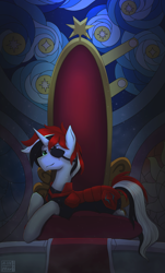 Size: 2666x4410 | Tagged: safe, artist:alicetriestodraw, oc, oc only, pony, unicorn, armor, canterlot throne room, illustration, lying down, solo, stained glass, throne