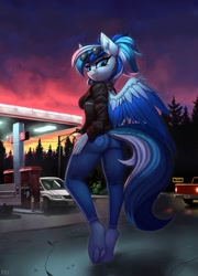 Size: 1439x2000 | Tagged: safe, artist:lightly-san, oc, oc only, oc:hawker typhoon, pegasus, anthro, unguligrade anthro, car, chrysler, clothes, evening, feathered wings, female, gas station, implied wing hole, jacket, jeans, looking at you, pants, solo, sunglasses, wings