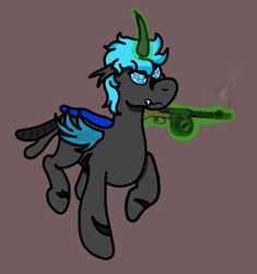 Size: 756x803 | Tagged: safe, artist:loshad the bughorse, oc, oc only, oc:loshad, changeling, hybrid, pegasus, pony, angry, black fur, blue eyes, blue wings, brown background, changeling oc, compound eyes, fangs, gun, gunsmoke, horn, magic, magic aura, male, ppsh-41, scar, scarred, simple background, smoke, solo, submachinegun, weapon, wings