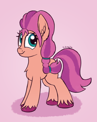 Size: 1000x1250 | Tagged: safe, artist:litrojia, sunny starscout, earth pony, pony, g4, g5, leak, braid, chest fluff, ear fluff, eyelashes, female, first g5 fanart on derpibooru, g5 to g4, looking at you, mare, pink background, simple background, smiling, solo, that was fast, unshorn fetlocks