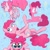 Size: 2048x2048 | Tagged: safe, artist:pfeffaroo, pinkie pie, earth pony, pony, g4, abstract background, alternate style, amazed, cutie mark background, female, floppy ears, high res, legs in air, looking at something, looking away, lying down, mare, midair, multeity, on back, open mouth, peeking, prone, rear view, smiling, solo, too much pink energy is dangerous, turned head