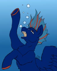 Size: 1728x2160 | Tagged: safe, artist:jennifer696jones, oc, oc:hellfire, pegasus, pony, air bubble, asphyxiation, blue fur, breathplay, bubble, drowning, male, pegasus oc, red eyes, solo, stallion, suffocating, this will end in death, underwater, water