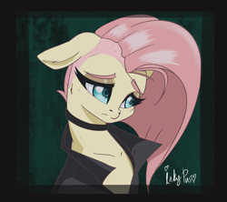 Size: 1280x1138 | Tagged: safe, artist:inkypuso, fluttershy, pony, g4, bushy brows, bust, choker, chokershy, clothes, female, floppy ears, grunge, head tilt, looking away, mare, portrait, signature, solo, stray strand, three quarter view