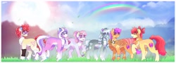 Size: 4096x1477 | Tagged: safe, artist:aaa-its-spook, apple bloom, diamond tiara, scootaloo, silver spoon, sweetie belle, twist, earth pony, pegasus, pony, unicorn, g4, clothes, cutie mark crusaders, glasses, goggles, grin, jewelry, necklace, older, older apple bloom, older diamond tiara, older scootaloo, older silver spoon, older sweetie belle, older twist, rainbow, shawl, smiling, sms