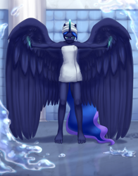 Size: 2700x3450 | Tagged: safe, artist:tigra0118, princess luna, alicorn, anthro, plantigrade anthro, g4, angry, barefoot, bathroom, digital art, feet, female, glowing hands, glowing horn, high res, horn, large wings, looking at you, magic, magic aura, redraw, shower, solo, telekinesis, towel, water, wings