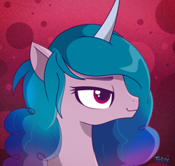 Size: 2840x2691 | Tagged: safe, artist:felux, izzy moonbow, pony, unicorn, g5, abstract background, female, high res, mare, signature, solo, that was fast