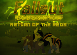 Size: 4093x2894 | Tagged: safe, artist:coreboot, oc, oc:blackjack, oc:commissar junior, oc:littlepip, pegasus, pony, unicorn, fallout equestria, fallout equestria: project horizons, fallout equestria: return of the reds, forest background, goggles, helicopter, lightning, mil mi-6, overcast, pipbuck