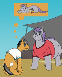 Size: 1170x1465 | Tagged: safe, artist:monterrang, maud pie, quibble pants, earth pony, pony, tumblr:ask fat maud pie, common ground, g4, duo male and female, fat, female, male, mare, maud pudge, obese, sitting on person, sitting on pony, stallion, thought bubble, worried