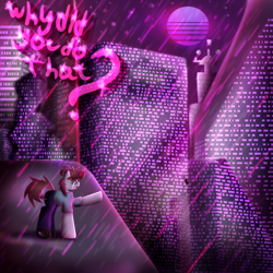 Size: 3000x3000 | Tagged: safe, artist:menalia, oc, oc only, oc:velly, unnamed oc, earth pony, pony, aesthetics, city, clothes, crying, falling, female, high res, mare, night, pants, rain, sad, shirt, shoes, stars, suicide, sun, t-shirt, text