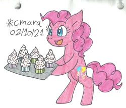 Size: 1036x888 | Tagged: safe, artist:cmara, pinkie pie, earth pony, pony, g4, bipedal, cupcake, female, food, hoof hold, mare, open mouth, raised hoof, simple background, solo, traditional art, tray, white background