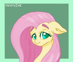 Size: 1280x1084 | Tagged: safe, artist:inkypuso, part of a set, fluttershy, pony, g4, bushy brows, bust, cheek fluff, colored pupils, cute, ear fluff, eyebrows, female, floppy ears, looking at you, mare, portrait, shyabetes, smiling, solo, three quarter view