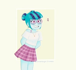 Size: 1280x1178 | Tagged: safe, artist:sunsetslight, sonata dusk, equestria girls, g4, adorkable, alternate hairstyle, clothes, cute, dork, ear piercing, earring, female, glasses, hair bun, hands behind back, jewelry, mole, piercing, skirt, smiling, solo, sonatabetes