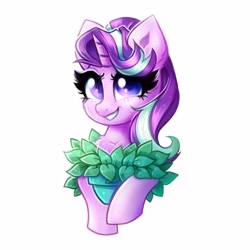 Size: 2500x2500 | Tagged: safe, artist:confetticakez, phyllis, starlight glimmer, pony, unicorn, g4, bust, chest fluff, cute, ear fluff, female, glimmerbetes, high res, mare, philodendron, potted plant, smiling, solo