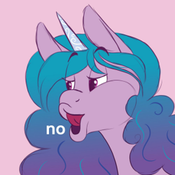 Size: 300x300 | Tagged: safe, artist:anonymous, izzy moonbow, pony, unicorn, g5, bugs bunny's no, eyebrows, eyebrows visible through hair, female, mare, meme, no, open mouth, pink background, ponified meme, simple background, solo, text