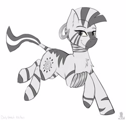 Size: 3681x3500 | Tagged: safe, artist:ezeronaa, artist:monsoonvisionz, zecora, pony, zebra, g4, bracelet, cute, ear piercing, earring, female, galloping, grayscale, high res, jewelry, looking at you, mare, monochrome, neck rings, piercing, quadrupedal, simple background, slender, smiling, solo, thin, white background, zecorable