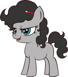 Size: 749x844 | Tagged: safe, anonymous artist, artist:saby, oc, oc only, oc:silver tongue, earth pony, pony, /mlp/ weekly pony collab, curly mane, female, filly, pencil behind ear, simple background, smiling, smirk, solo, standing, transparent background