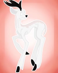Size: 635x794 | Tagged: dead source, safe, alternate version, artist:princess_skyresh_glow, deer, pony, abstract background, antlers, colored hooves, frown, looking back, male, ponified, raised hoof, scared, scp, scp-096, solo, stallion, white eyes