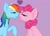 Size: 828x598 | Tagged: safe, artist:11_corpse_11, pinkie pie, rainbow dash, earth pony, pegasus, pony, g4, eyes closed, female, heart, lesbian, mare, purple background, ship:pinkiedash, shipping, simple background, smiling