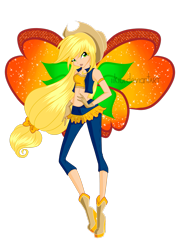 Size: 2059x2912 | Tagged: safe, artist:iikiui, applejack, fairy, human, equestria girls, g4, believix, boots, clothes, colored wings, cowboy boots, cowboy hat, crossover, fairy wings, fairyized, female, gloves, gradient wings, hand on hip, hat, high heel boots, high heels, high res, orange wings, shoes, simple background, solo, sparkly wings, transparent background, wings, winx, winx club, winxified