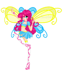 Size: 2297x2611 | Tagged: safe, artist:iikiui, pinkie pie, fairy, human, equestria girls, g4, believix, blue wings, clothes, crossover, fairy wings, fairyized, female, fingerless gloves, gloves, high heels, high res, pink shoes, shoes, simple background, solo, sparkly wings, stockings, thigh highs, transparent background, wings, winx, winx club, winxified