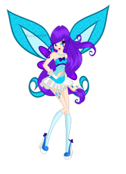Size: 2091x2868 | Tagged: safe, artist:iikiui, rarity, fairy, human, equestria girls, g4, bare shoulders, believix, blue wings, clothes, crossover, dress, fairy wings, fairyized, female, high heels, high res, jewelry, kneesocks, necklace, pearl necklace, shoes, simple background, socks, solo, sparkly wings, strapless, transparent background, wings, winx, winx club, winxified