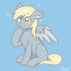 Size: 2500x2500 | Tagged: safe, artist:koapony, derpy hooves, pegasus, pony, g4, blue background, chest fluff, ear fluff, female, high res, hoof on chin, mare, one ear down, question mark, simple background, sitting, solo