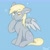 Size: 2500x2500 | Tagged: safe, artist:koapony, derpy hooves, pegasus, pony, g4, blue background, chest fluff, ear fluff, female, high res, hoof on chin, mare, one ear down, question mark, simple background, sitting, solo