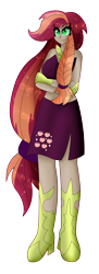 Size: 2162x5941 | Tagged: safe, artist:dazzlingmimi, applejack, human, g4, alternate hairstyle, bad anatomy, boots, choker, clothes, female, fingerless gloves, gloves, high heel boots, humanized, jewelry, midriff, nightmare applejack, nightmarified, regalia, shoes, short shirt, simple background, skirt, small head, solo, transparent background